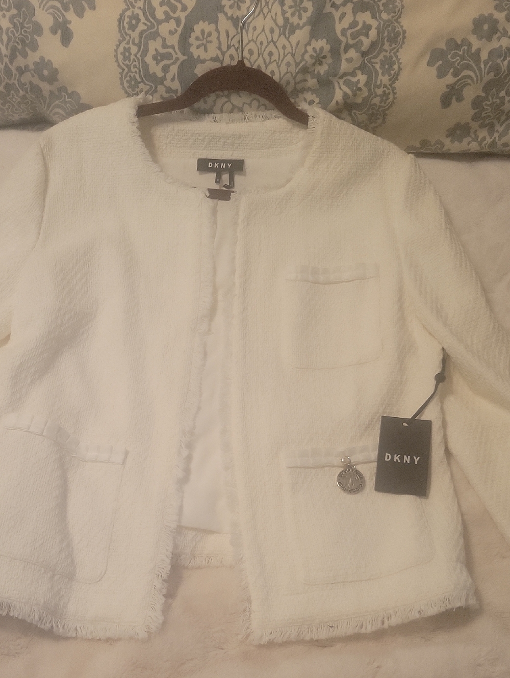 DKNY Cream Textured Fringe Open-Front Lady Jacket